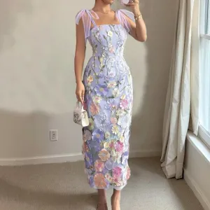 Women Sexy Floral Embroidery Sleeveless Lace-Up Slim Fit Dress