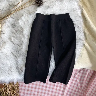 Kids Girls Fashion Casual Autumn Winter Solid Color Thick Knitted Wide-Leg Cropped Pants Rabbit Hair Cotton Blend