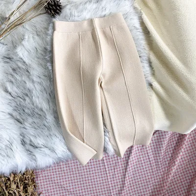 Kids Girls Fashion Casual Autumn Winter Solid Color Thick Knitted Wide-Leg Cropped Pants Rabbit Hair Cotton Blend