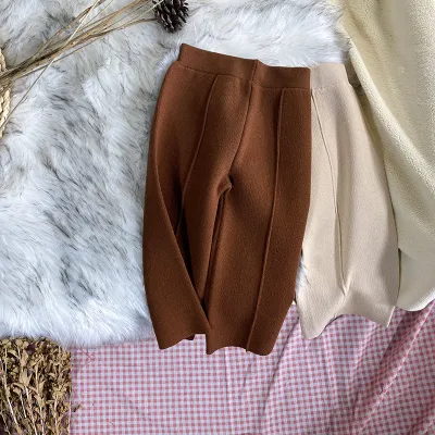 Kids Girls Fashion Casual Autumn Winter Solid Color Thick Knitted Wide-Leg Cropped Pants Rabbit Hair Cotton Blend