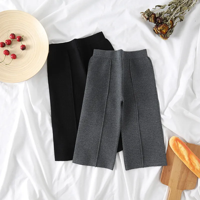 Kids Girls Fashion Casual Autumn Winter Solid Color Thick Knitted Wide-Leg Cropped Pants Rabbit Hair Cotton Blend