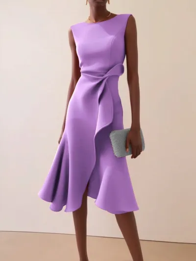 Women Elegant Solid Color Irregular Round Neck Sleeveless High Waist Long Dress