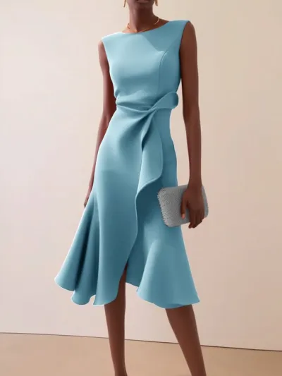 Women Elegant Solid Color Irregular Round Neck Sleeveless High Waist Long Dress