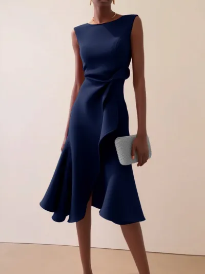 Women Elegant Solid Color Irregular Round Neck Sleeveless High Waist Long Dress