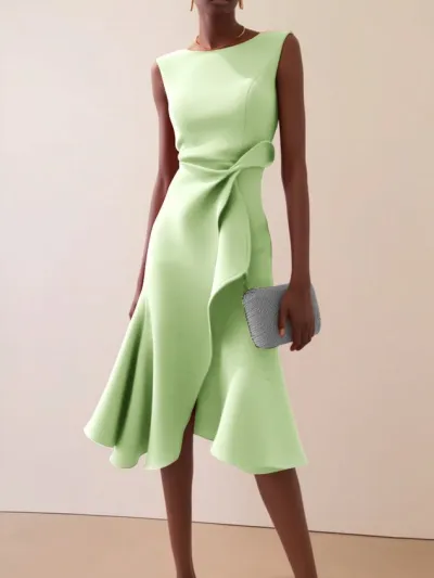Women Elegant Solid Color Irregular Round Neck Sleeveless High Waist Long Dress