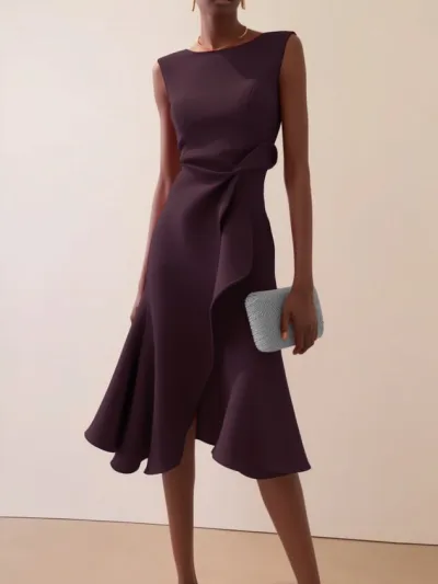 Women Elegant Solid Color Irregular Round Neck Sleeveless High Waist Long Dress
