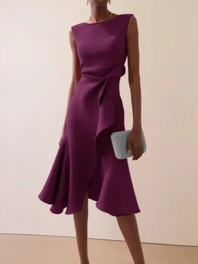 Women Elegant Solid Color Irregular Round Neck Sleeveless High Waist Long Dress