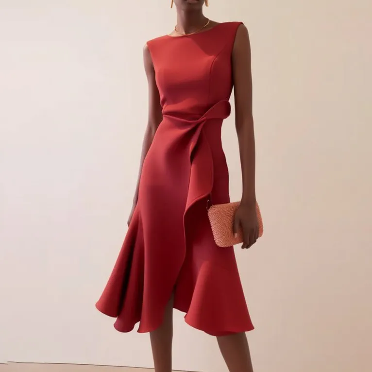 Women Elegant Solid Color Irregular Round Neck Sleeveless High Waist Long Dress