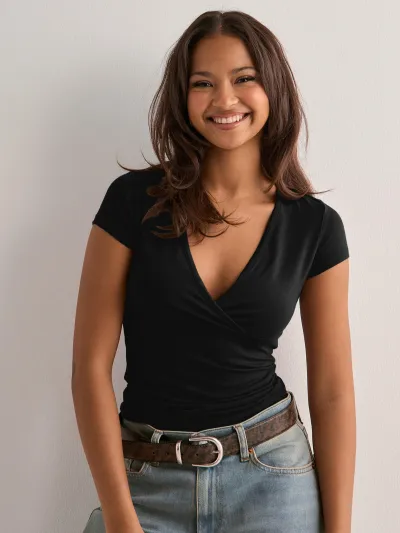 Women's Casual V-Neck Slim Fit Short-Sleeve T-Shirt - Polyester Blend Solid Color
