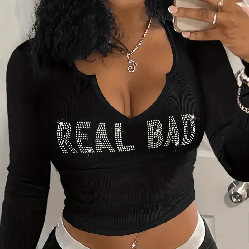 Women Casual Rhinestone Letter V-Neck Long Sleeve T-Shirt