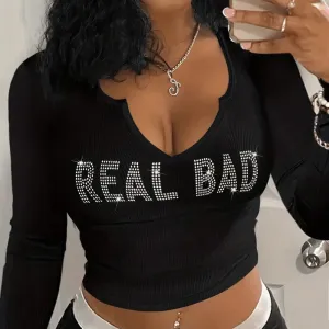 Women Casual Rhinestone Letter V-Neck Long Sleeve T-Shirt