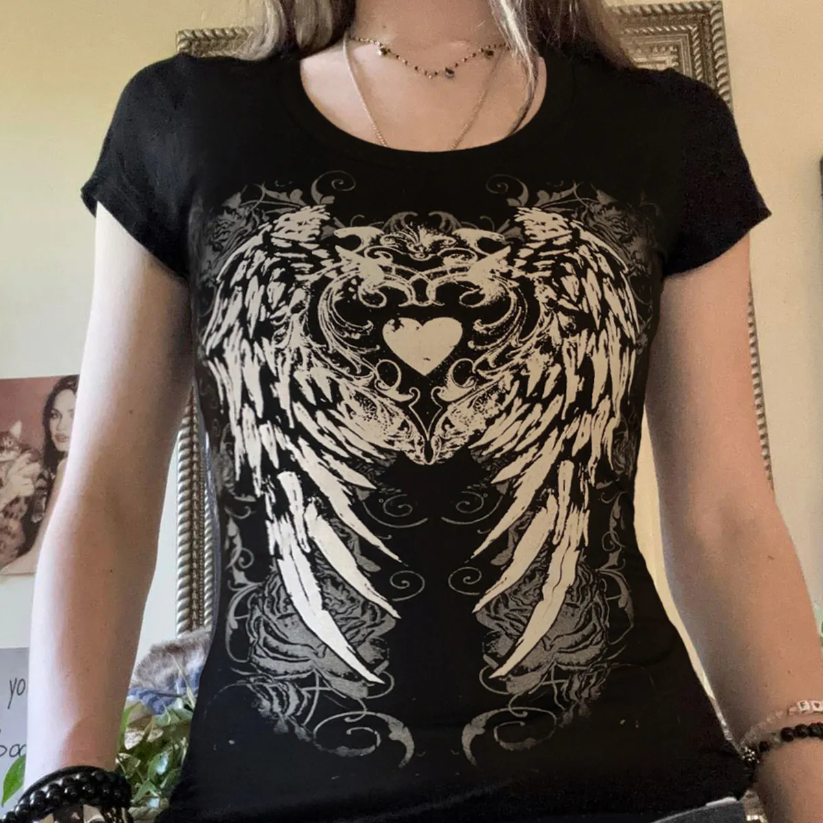 Women's Gothic Wings Print Slim-Fit Short-Sleeve T-Shirt - Dark Wind Casual Style