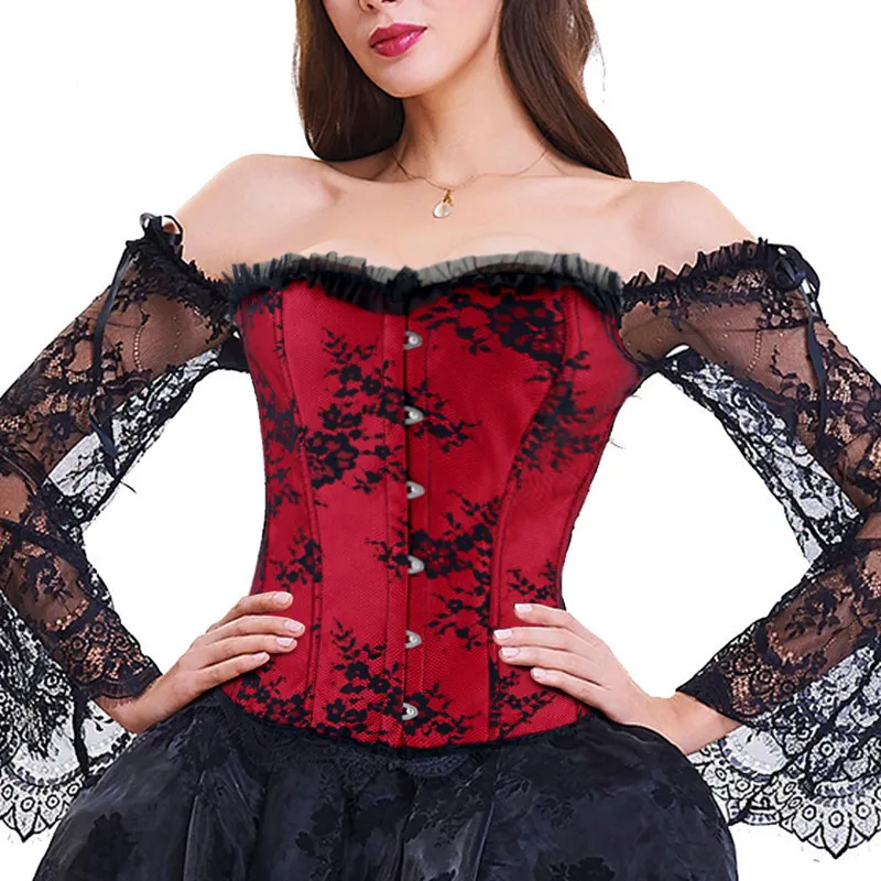 Women Fashion Sexy Gothic Stitching Lace Off-Shoulder Long-Sleeve Corset