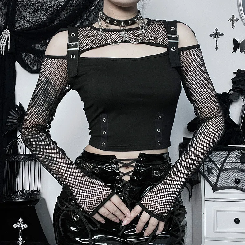 Women Punk Gothic Mesh Stitching Hollow-Out Long-Sleeve Crop Top