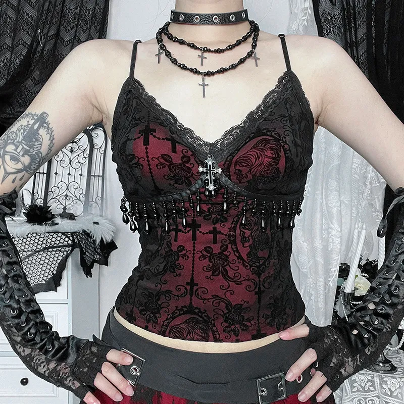 Women Gothic Cross Flocking Lace Camisole Tank Top