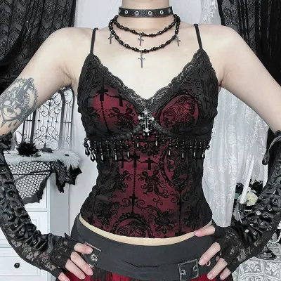 Women Gothic Cross Flocking Lace Camisole Tank Top