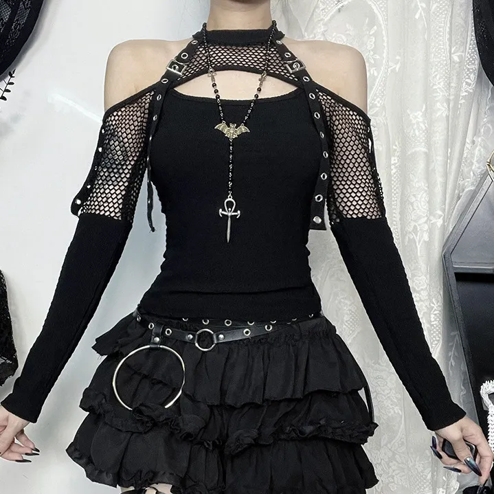 Women Fashion Sexy Gothic Fishing Net Stitching Long Sleeve T-Shirt