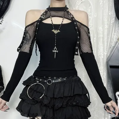 Women Fashion Sexy Gothic Fishing Net Stitching Long Sleeve T-Shirt