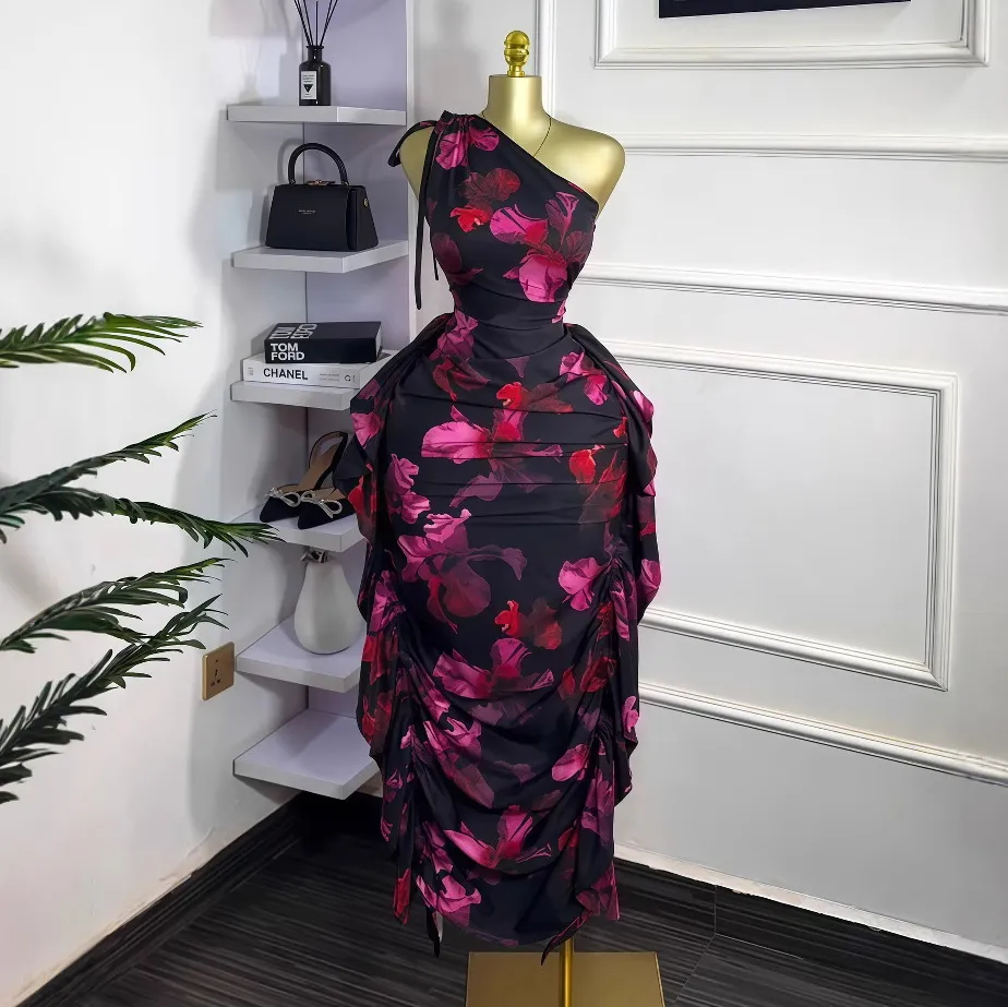 Women Sexy Floral Printed Sleeveless Slanted Shoulder Lace-Up Ruffled Dress