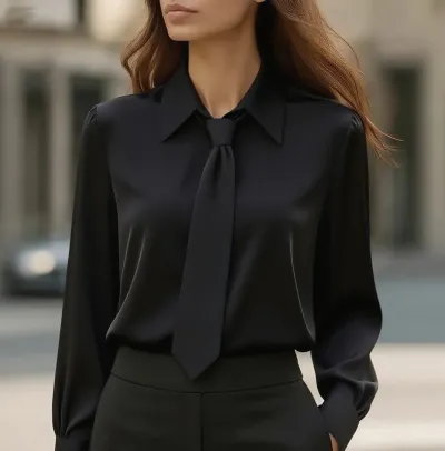 Spring Autumn Solid Color Casual Tie Long Sleeve Shirt