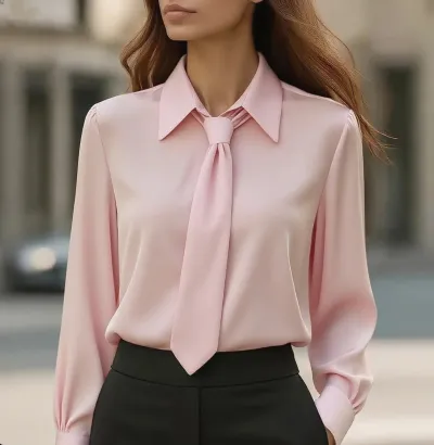 Spring Autumn Solid Color Casual Tie Long Sleeve Shirt
