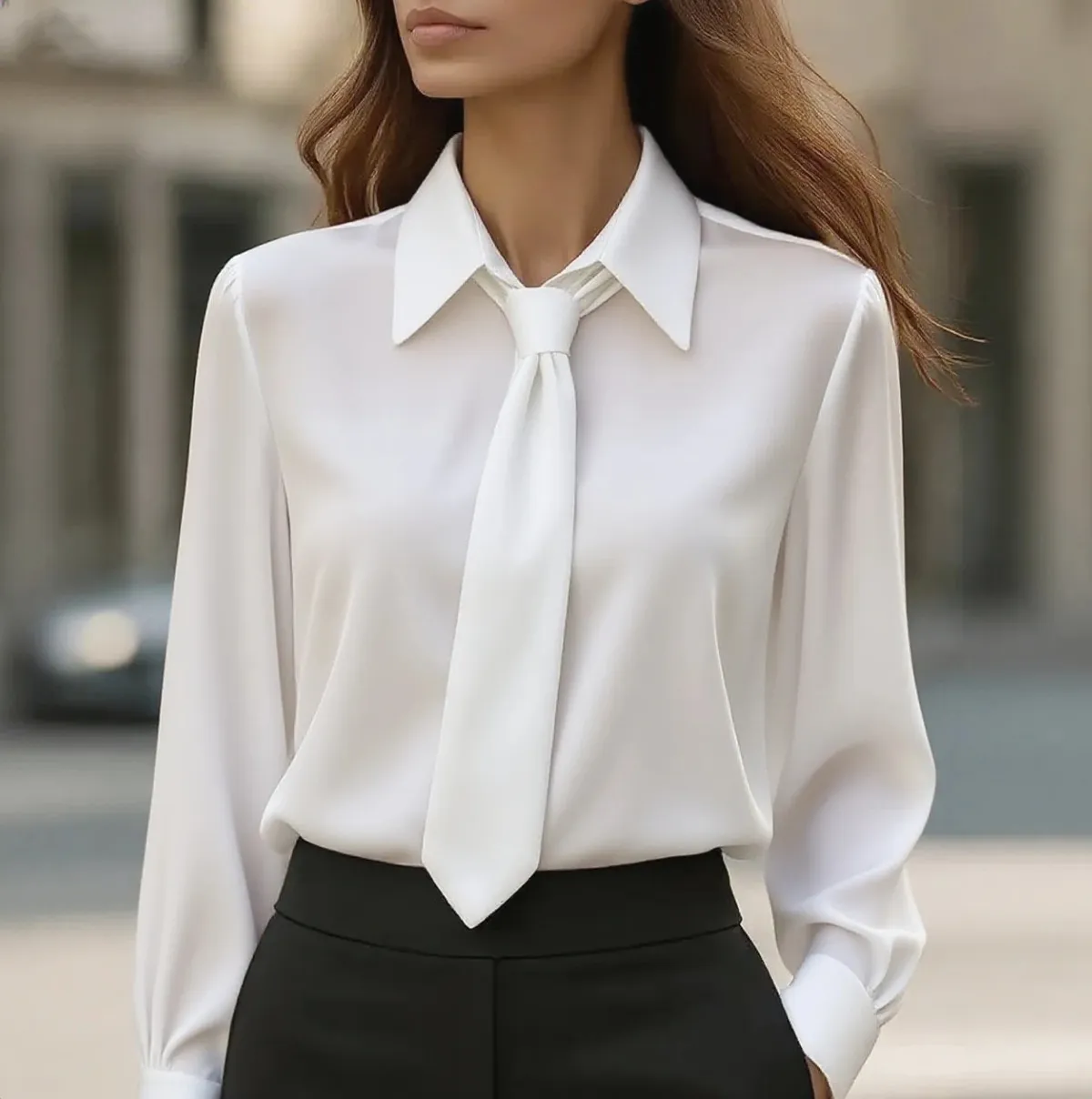 Spring Autumn Solid Color Casual Tie Long Sleeve Shirt