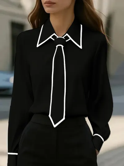 Spring Autumn Fashion Solid Color Commuter Tie Long Sleeve Shirt