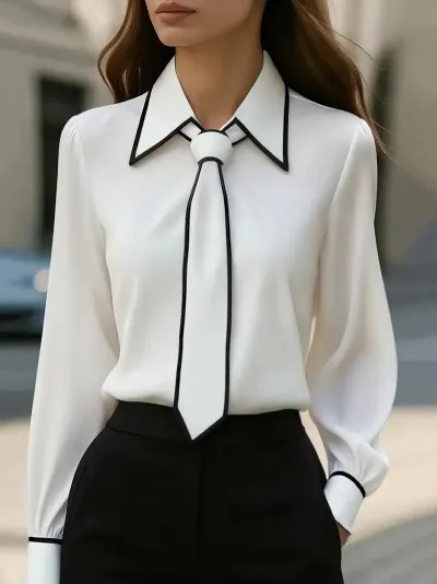 Spring Autumn Fashion Solid Color Commuter Tie Long Sleeve Shirt