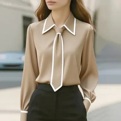 Spring Autumn Fashion Solid Color Commuter Tie Long Sleeve Shirt