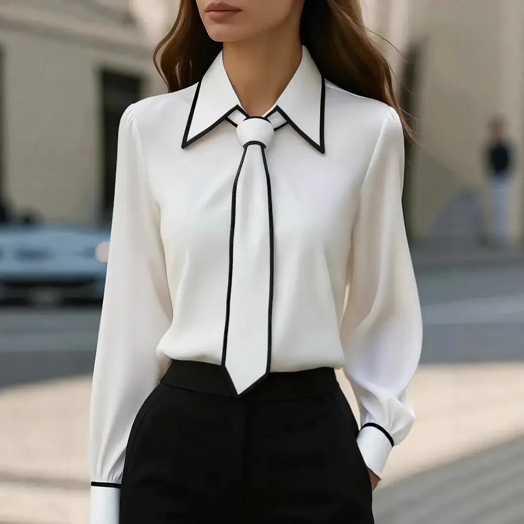 Spring Autumn Fashion Solid Color Commuter Tie Long Sleeve Shirt