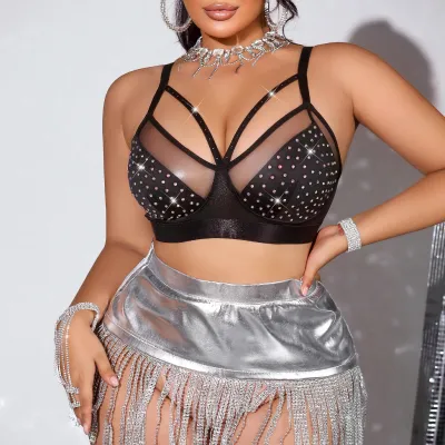 Women Mesh Shiny Rhinestone Plus Size Bra - 3/4 Cup Traditional Style