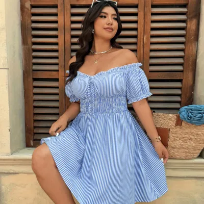 Vestido camisero de rayas verticales con hombros descubiertos para mujer de tallas grandes