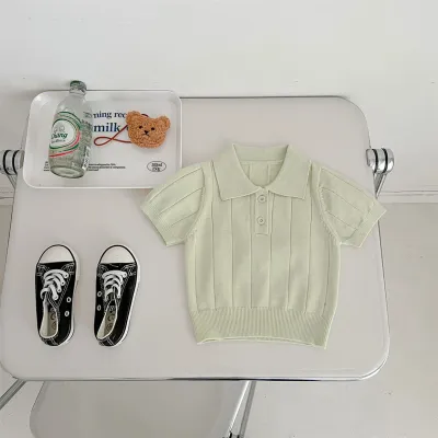 Spring Summer Toddler Boy Thin Lapel Short Sleeve Knitted Sweater Top for Boys 3-14T