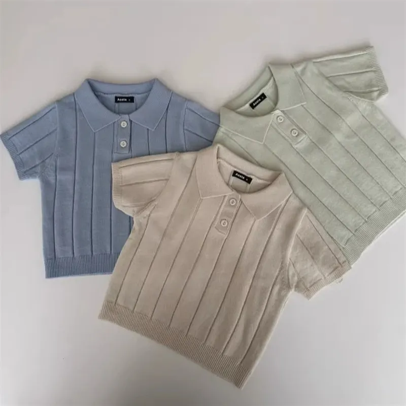 Spring Summer Toddler Boy Thin Lapel Short Sleeve Knitted Sweater Top for Boys 3-14T