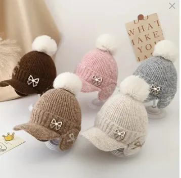 Autumn Winter Pearl Bow Knitted Beanie Hat for Kids