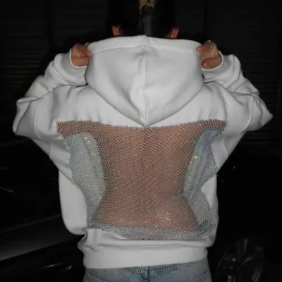 Autumn Winter Women Fashion Solid Color Backless Hollow Mesh Hoodie
