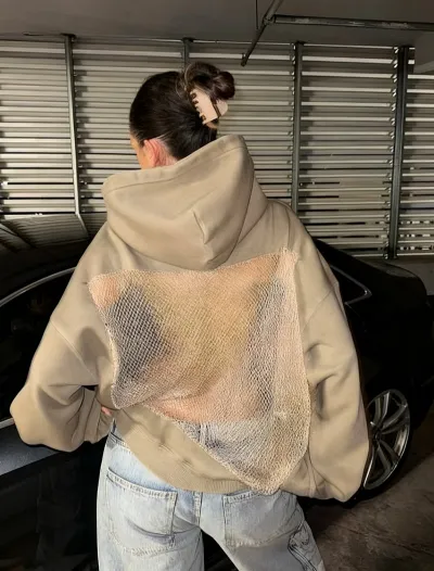 Autumn Winter Women Fashion Solid Color Backless Hollow Mesh Hoodie