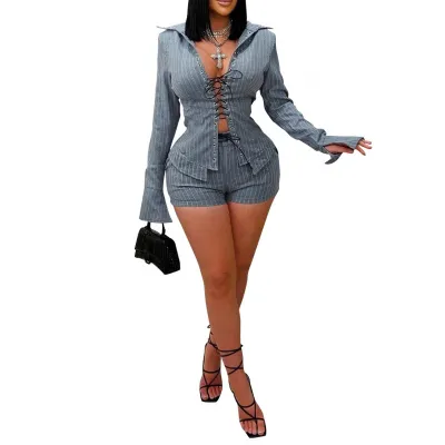 Women Fashion Stripe Lace-Up Long Sleeve Shirt Shorts Set