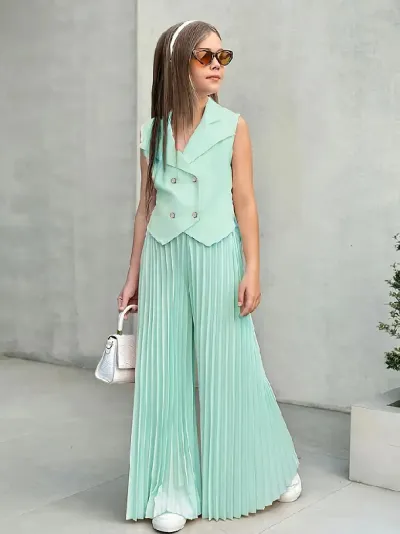 Toddler Girl Fashion Sleeveless Top Pleated Wide Leg Pants Set 3-14T