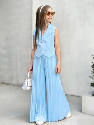 Toddler Girl Fashion Sleeveless Top Pleated Wide Leg Pants Set 3-14T
