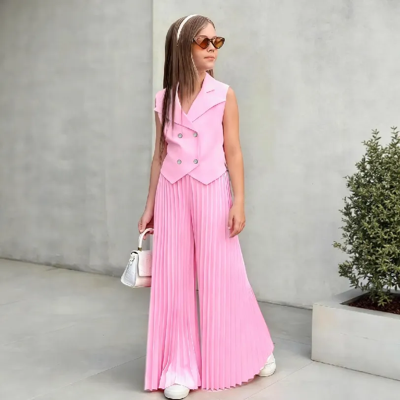 Toddler Girl Fashion Sleeveless Top Pleated Wide Leg Pants Set 3-14T
