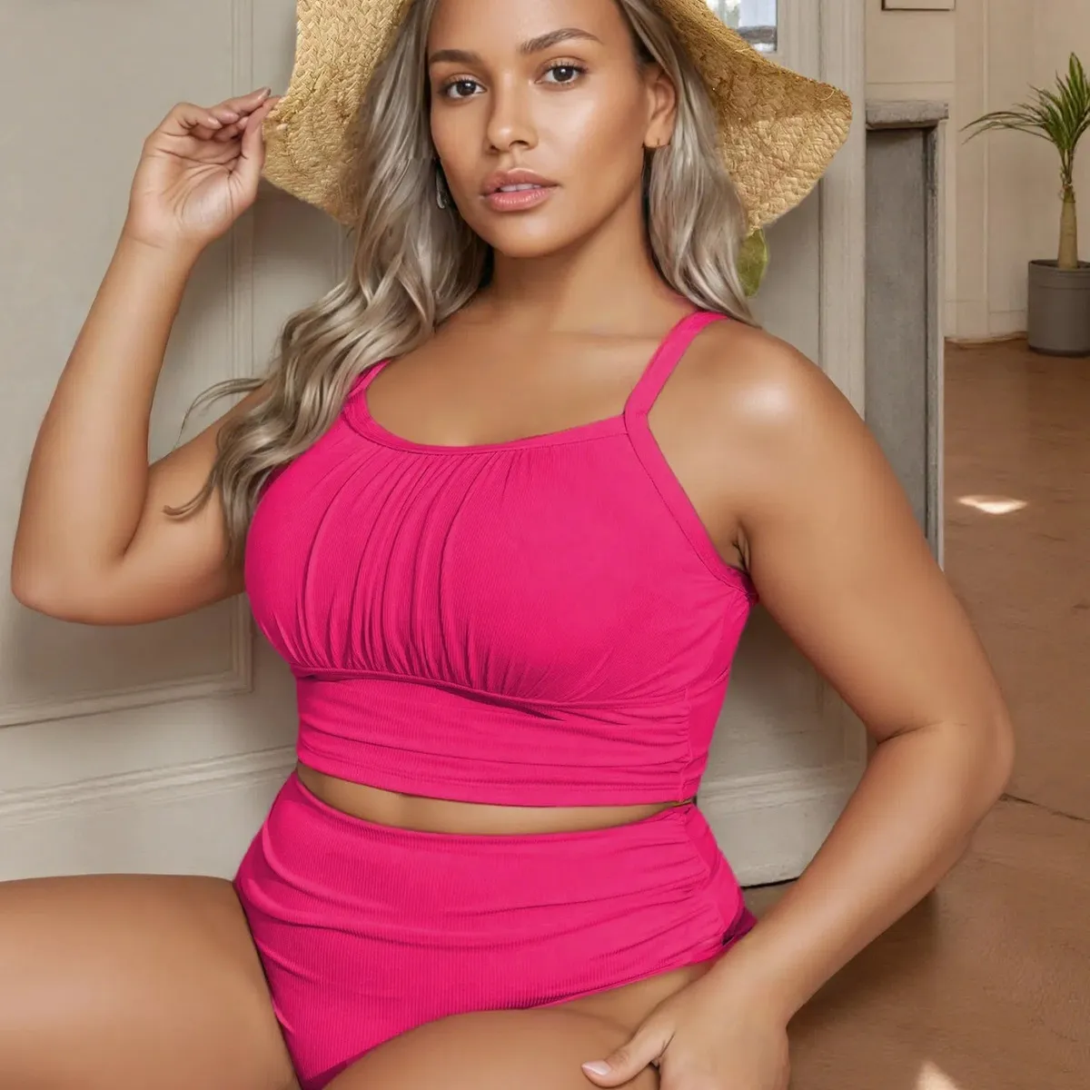 Women Plus Size Sexy Solid Color Tankini Bright Swimsuits