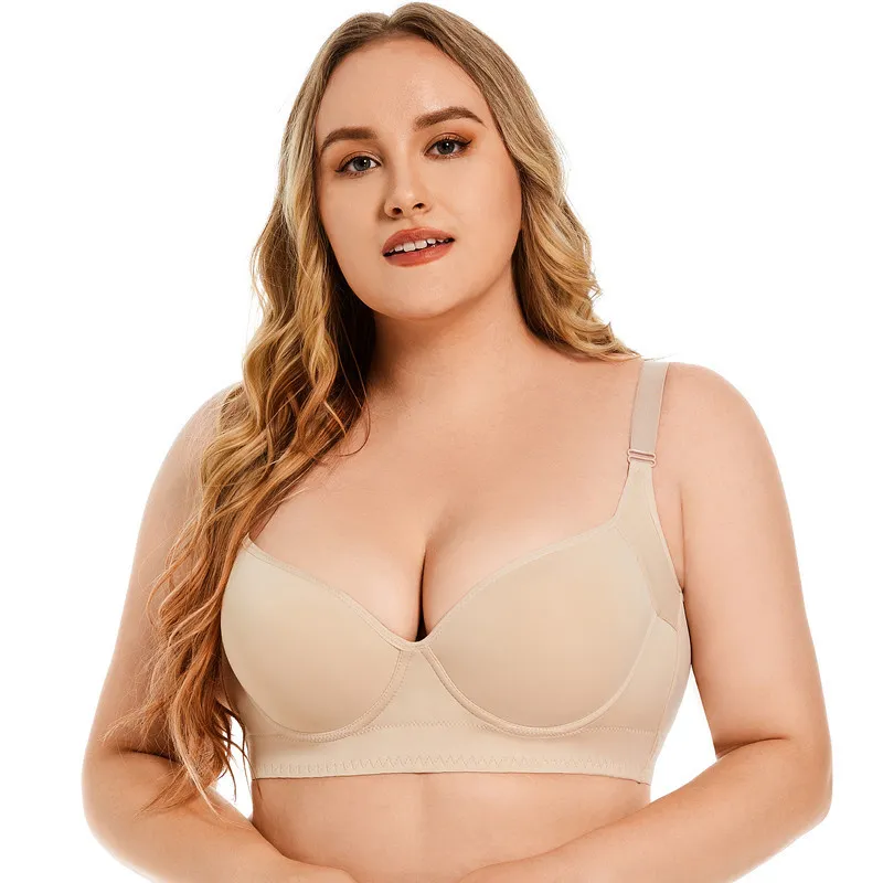 Women Plus Size Solid Color Full Cup Adjustable Bras Lingerie with Steel Ring