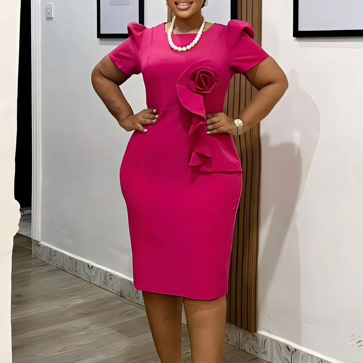 Women's Elegant Plus Size Solid Color Short-Sleeve Slim Fit African Midi Dress