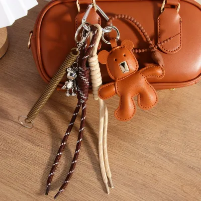 Leather Coffee Bear Alloy Bear Pendant Bag Lanyard Keychain