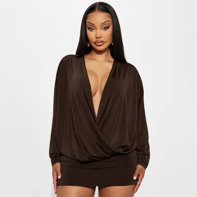 Autumn And Winter Women Fashion Solid Color Sexy Deep V Long Sleeve Mini Tight Dress