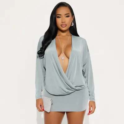Autumn And Winter Women Fashion Solid Color Sexy Deep V Long Sleeve Mini Tight Dress