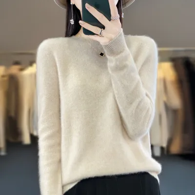 Women Casual Autumn Winter Solid Color Wool Knitted Loose Fit Sweater