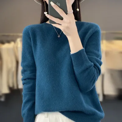 Women Casual Autumn Winter Solid Color Wool Knitted Loose Fit Sweater