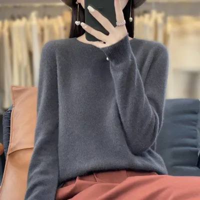 Women Casual Autumn Winter Solid Color Wool Knitted Loose Fit Sweater
